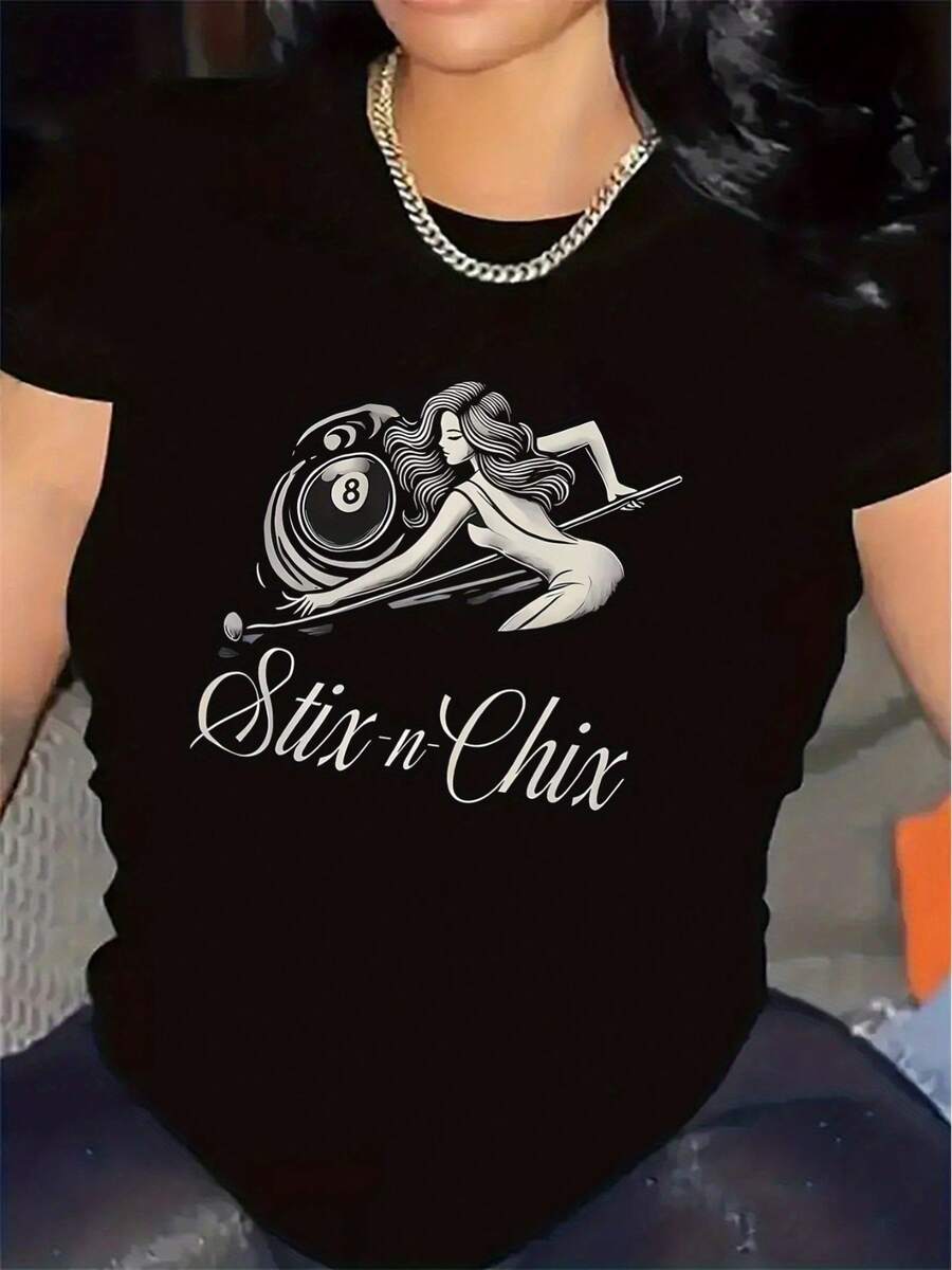 Short-Sleeved T-Shirt Designed For Pool Hall Outings, Made From Sturdy Fabric, Offering A Comfortable Fit And A Graphic Print