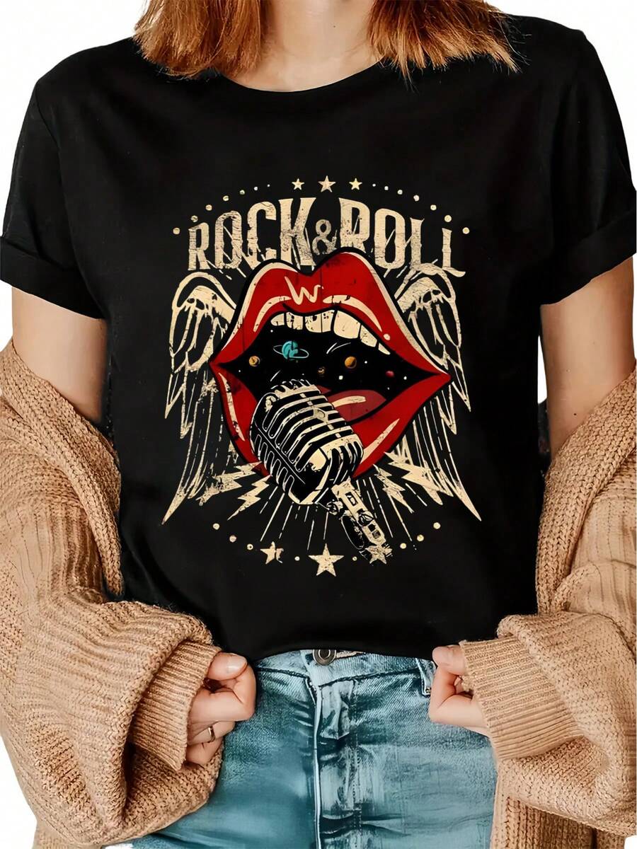 Women's Country Music Graphic Tees Casual Summer Rock Letters Lips Microphone Short Sleeve ComfortableT Shirts Tops
