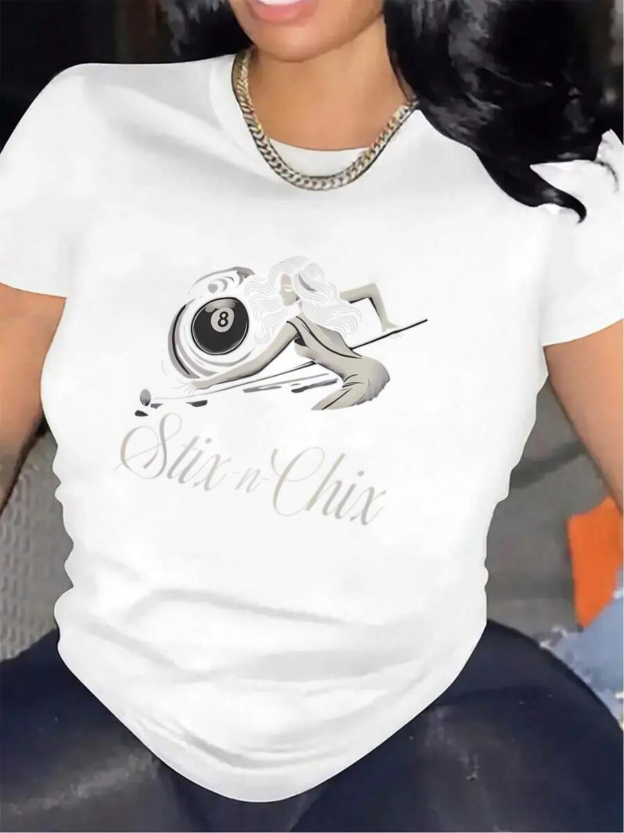 Short-Sleeved T-Shirt Designed For Pool Hall Outings, Made From Sturdy Fabric, Offering A Comfortable Fit And A Graphic Print