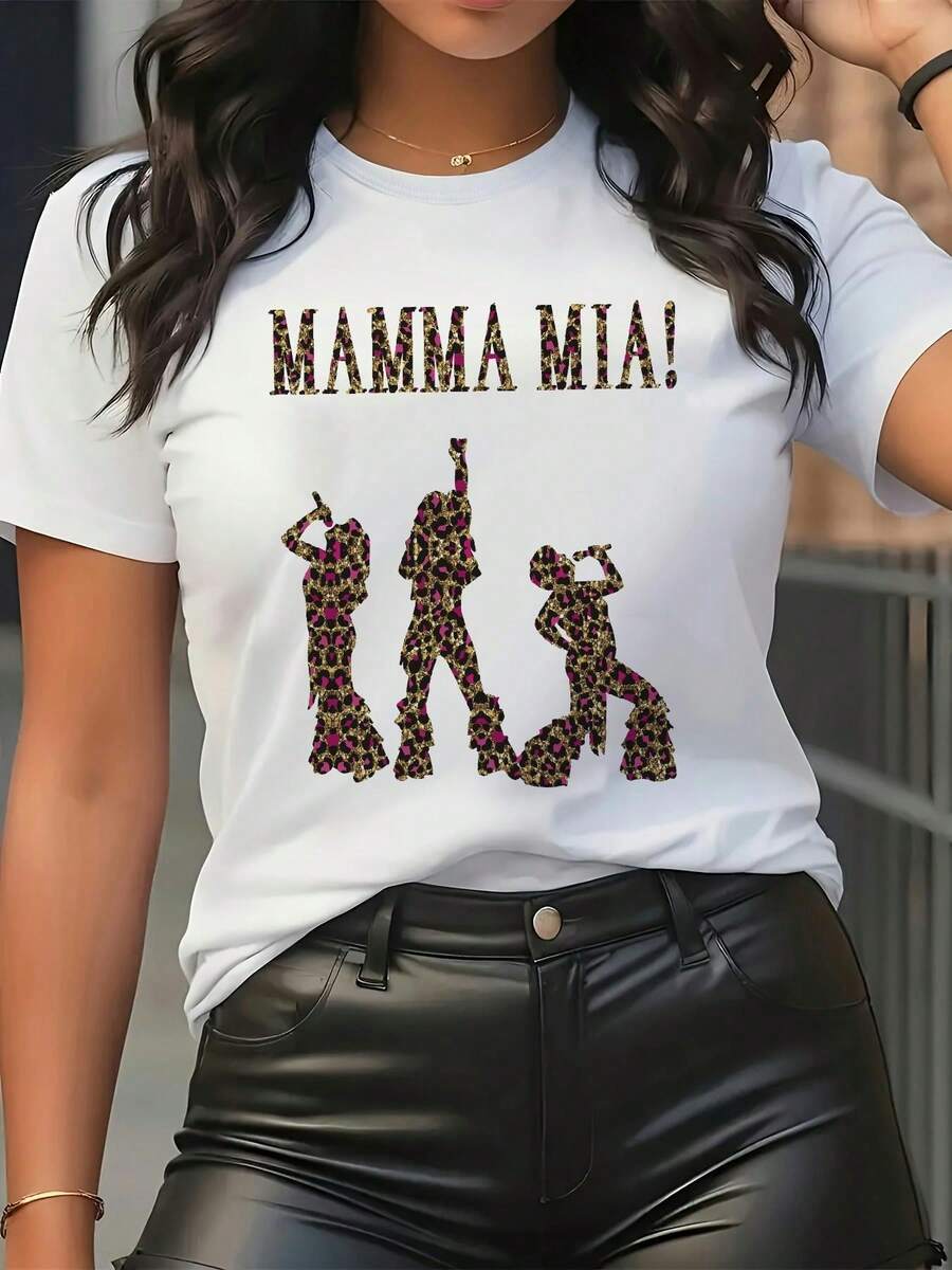 Women's Italian Opera Lyric Print T-Shirt - Mamma Mia!Musical Inspired Short Sleeve Crew Neck Top With Greek Key & Singer Silhouettes