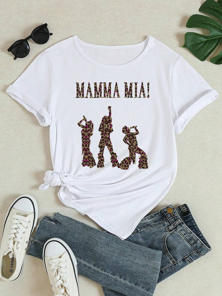 Women's Italian Opera Lyric Print T-Shirt - Mamma Mia!Musical Inspired Short Sleeve Crew Neck Top With Greek Key & Singer Silhouettes