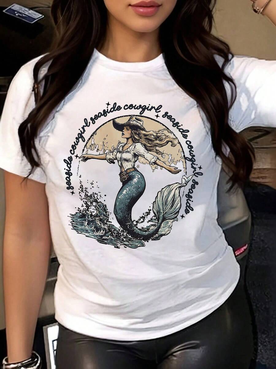 Printed Women'S T-Shirt Featuring A Mermaid Vacation Design - Casual Round Neck, Short Sleeve Top, Perfect Sister Gift For Spring/Summer, Ideal For Casual Wear