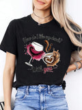 Women's Red Wine & Coffee Heart Print T-Shirt - Casual Short Sleeve Crewneck Top With Romantic Oenology & Cafecito Design, Year-Round Comfortable Casual Attire Gift