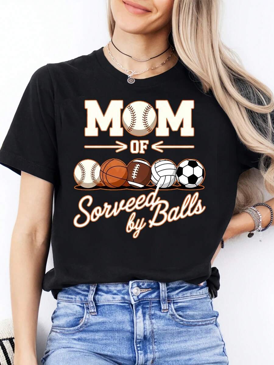 Women's Casual T-Shirt MOM OF Sports Ball Print For Parent- Viewing, Comfortable And Casual