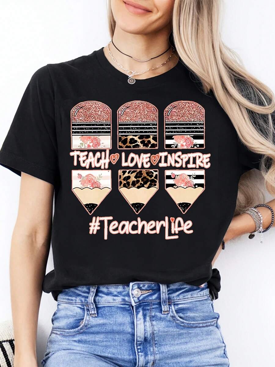 Women's Round Neck Fashionable Casual T-Shirt Short Sleeved Top Suitable For Daily Sports On Teacher's Day.Featured Pencil Print Pattern Suitable For Teachers As Holiday Gifts