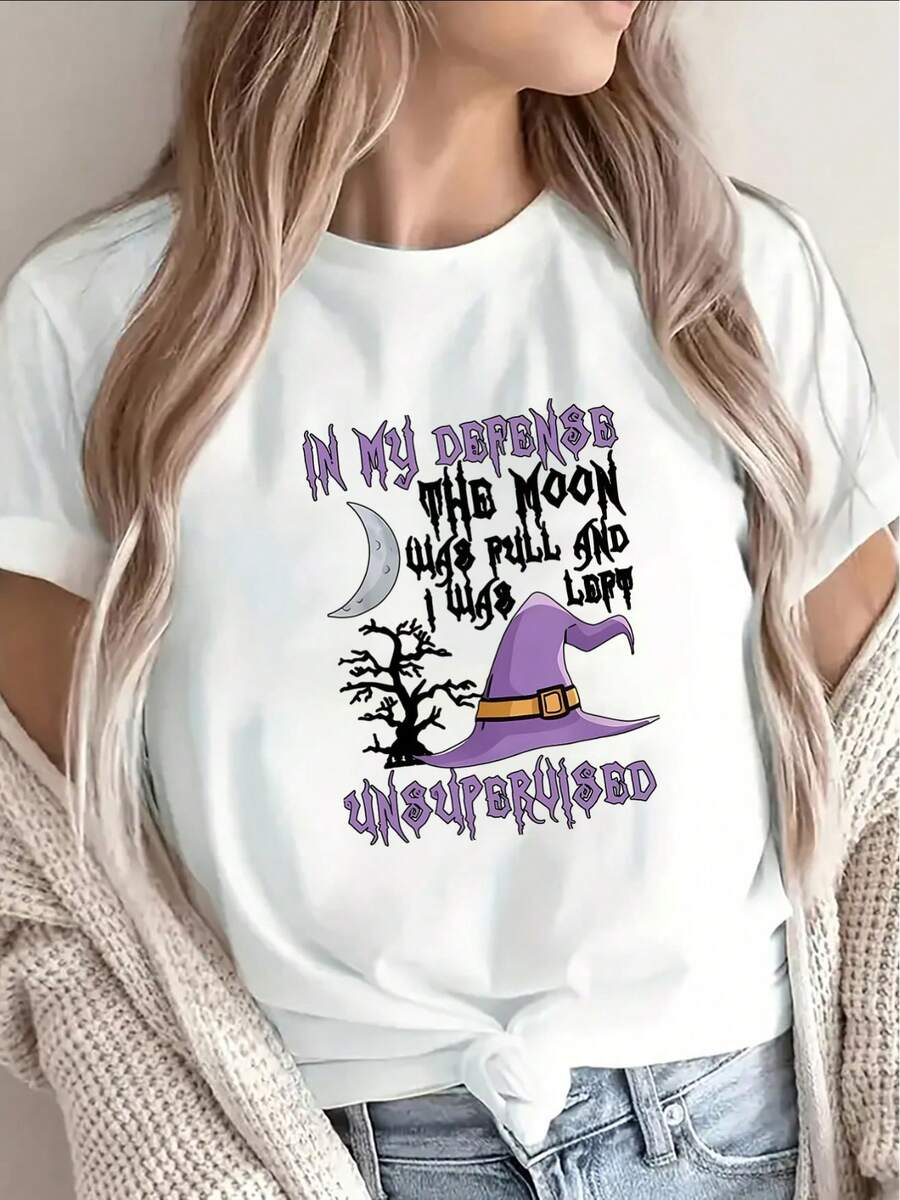 Short-Sleeved Tee Featuring A And Moon Graphic, Humorous Halloween Quote 'In My The Moon Was Full And I Was Left Unsupervised', Ideal For Relaxed Home Wear Or Gatherings
