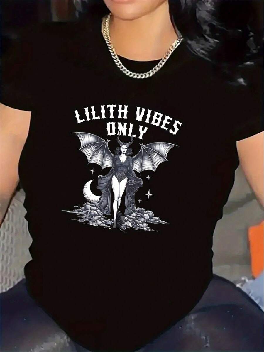 Polyester T-Shirt With Lilith Design For Home Or Restaurant Wear, Durable And Comfortable Graphic Tee, Ideal For Casual Settings, Soft Fabric