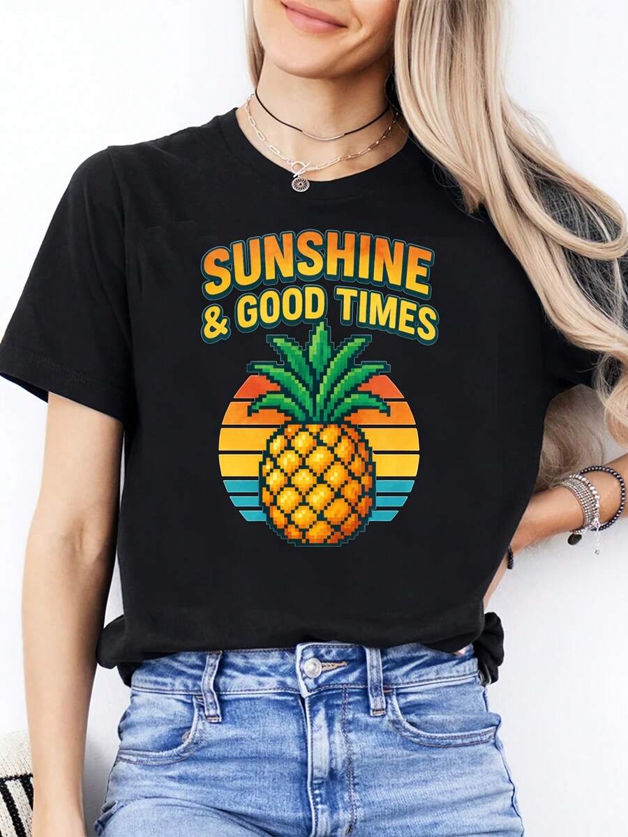 Ladies' Round Neck Fashionable Casual T-Shirt Short Sleeved Top Can Be Worn For Daily Sports.Featured Pineapple Print For Summer Beach Vacation Style