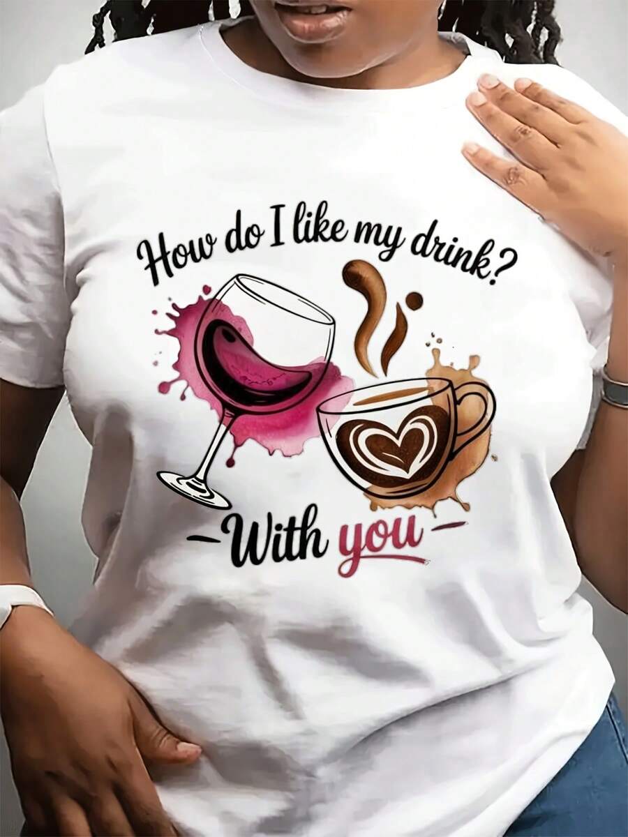 Women's Red Wine & Coffee Heart Print T-Shirt - Casual Short Sleeve Crewneck Top With Romantic Oenology & Cafecito Design, Year-Round Comfortable Casual Attire Gift