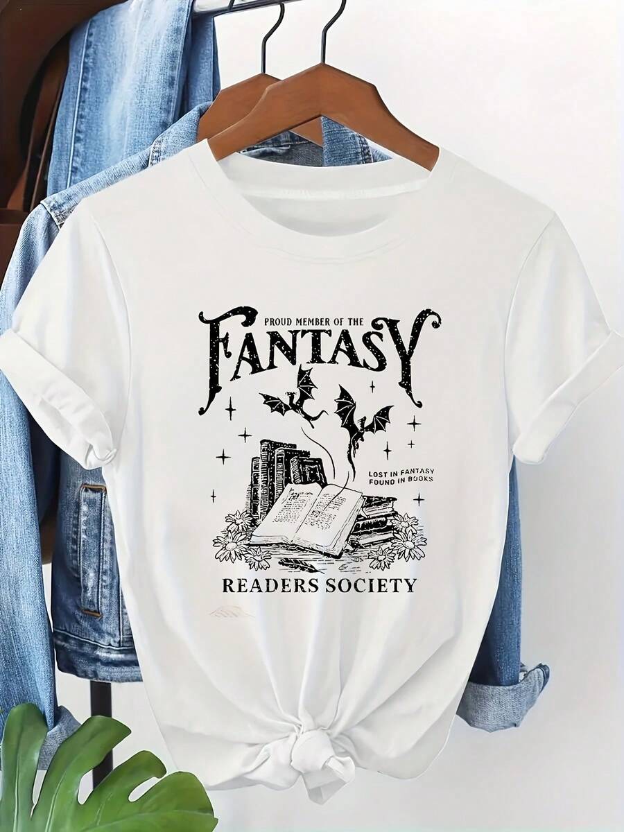 Women's Fantasy Reader Print T-Shirt - Library And Magic Symbols Tee - Fantasy Readers Society - Open Book Design - Must-Have Soft Casual Top For Book Lovers