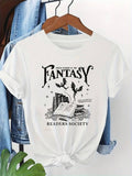Women's Fantasy Reader Print T-Shirt - Library And Magic Symbols Tee - Fantasy Readers Society - Open Book Design - Must-Have Soft Casual Top For Book Lovers