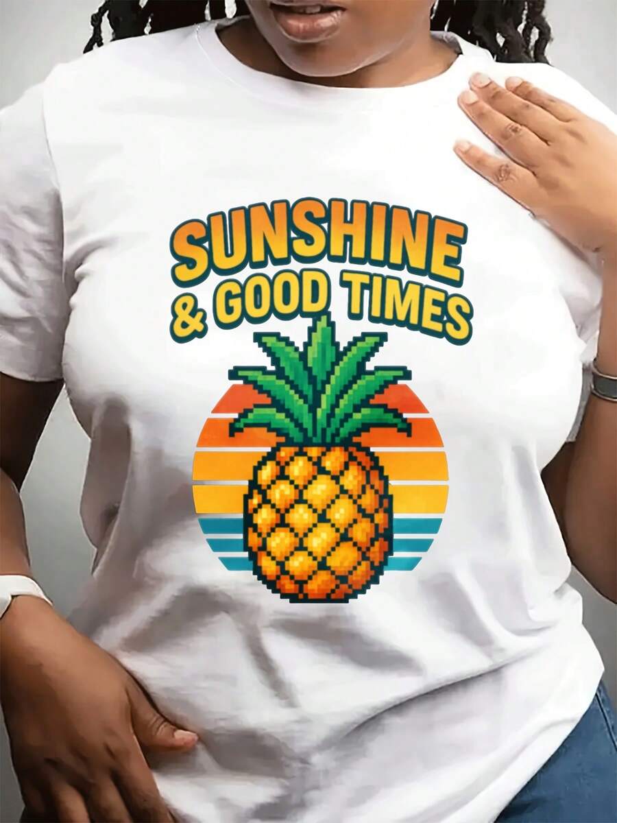 Ladies' Round Neck Fashionable Casual T-Shirt Short Sleeved Top Can Be Worn For Daily Sports.Featured Pineapple Print For Summer Beach Vacation Style