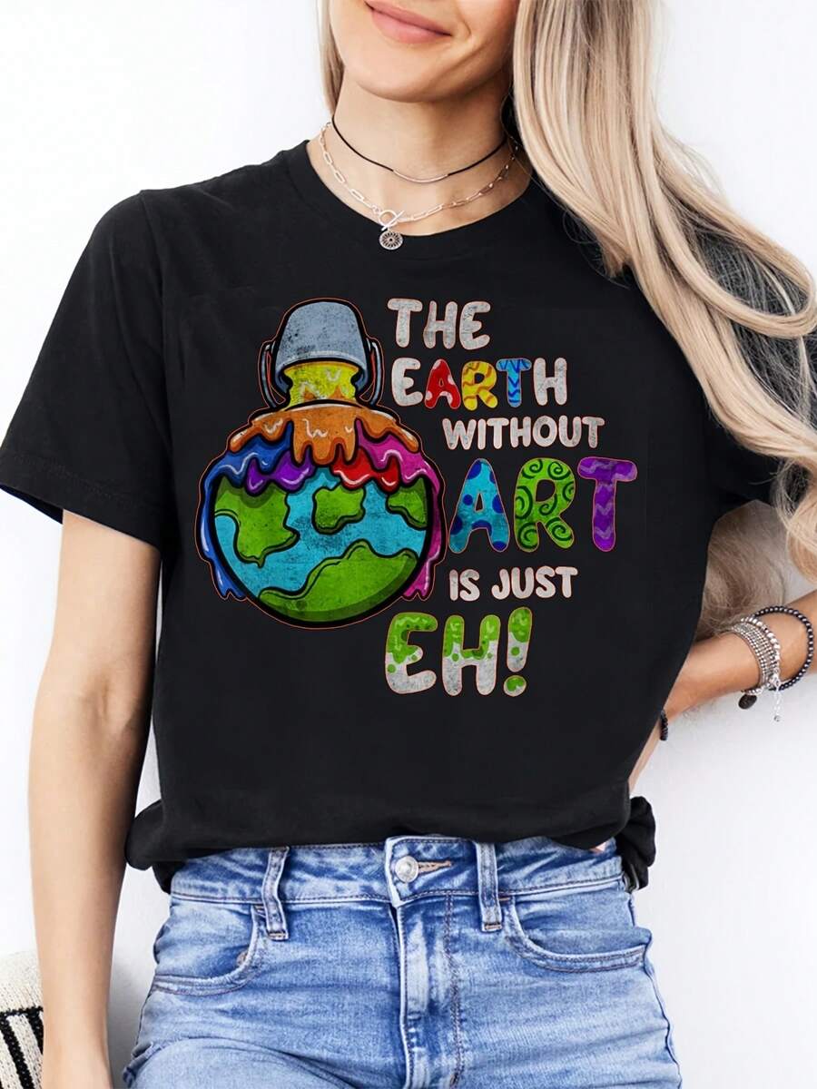 Spring Festival Women's Round Neck Fashionable Casual T-Shirt Short Sleeved Top Can Be Worn For Daily Sports.Featured Printed Earth Art Pattern To Give To Friends And Family